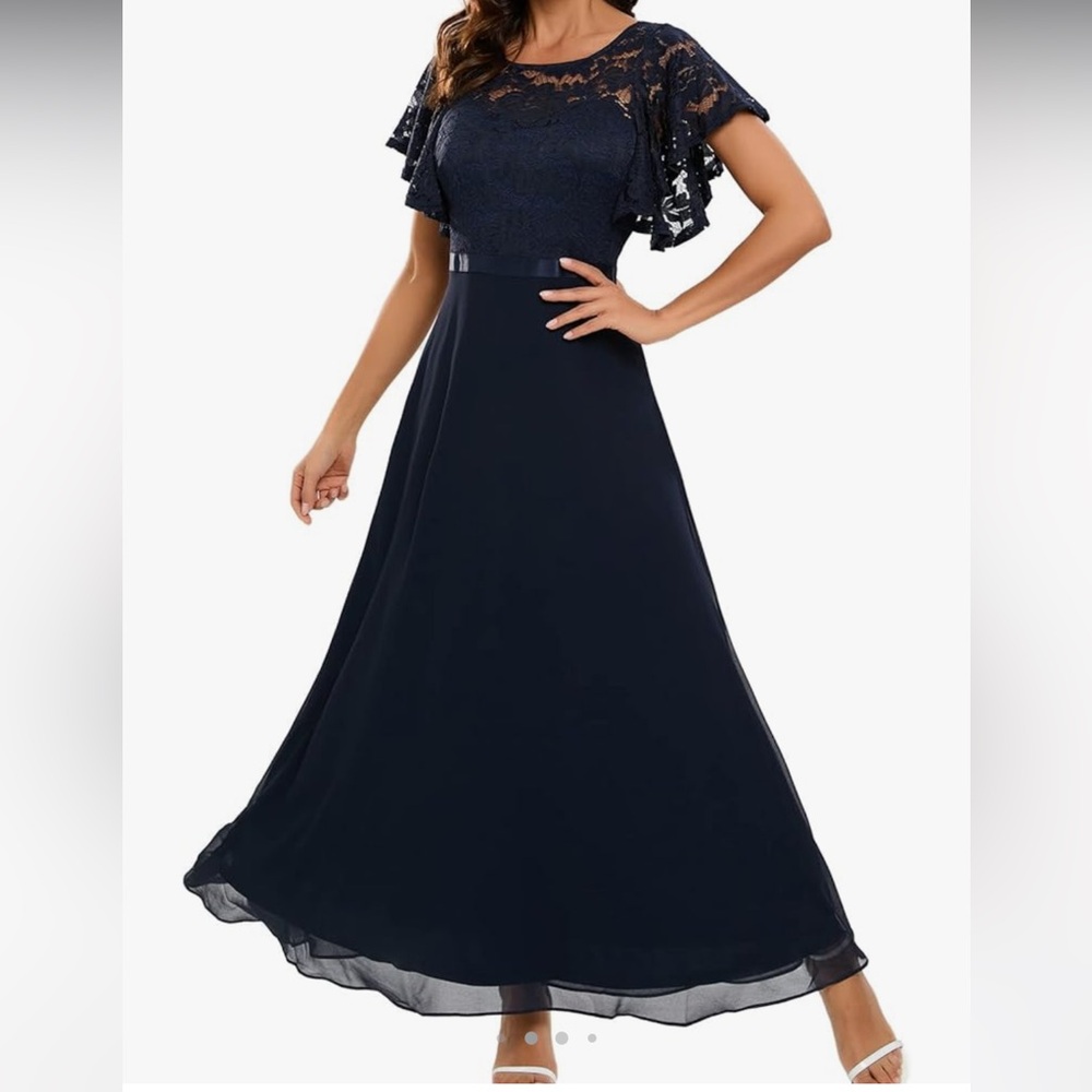 NAVY Elegant Blush Chiffon & Lace Evening Gown for Bridesmaid